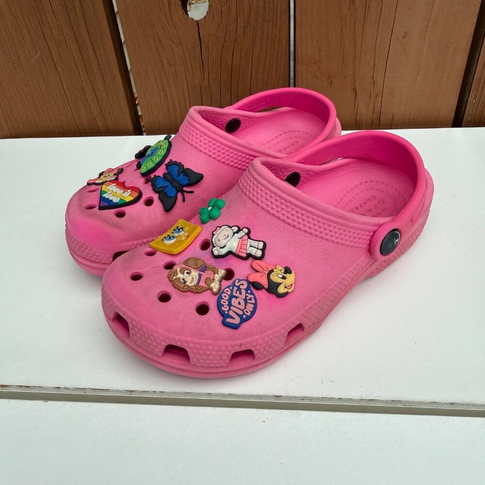 Pink Crocs Classic Clogs with Fun Kibbitz Charms Size C13
